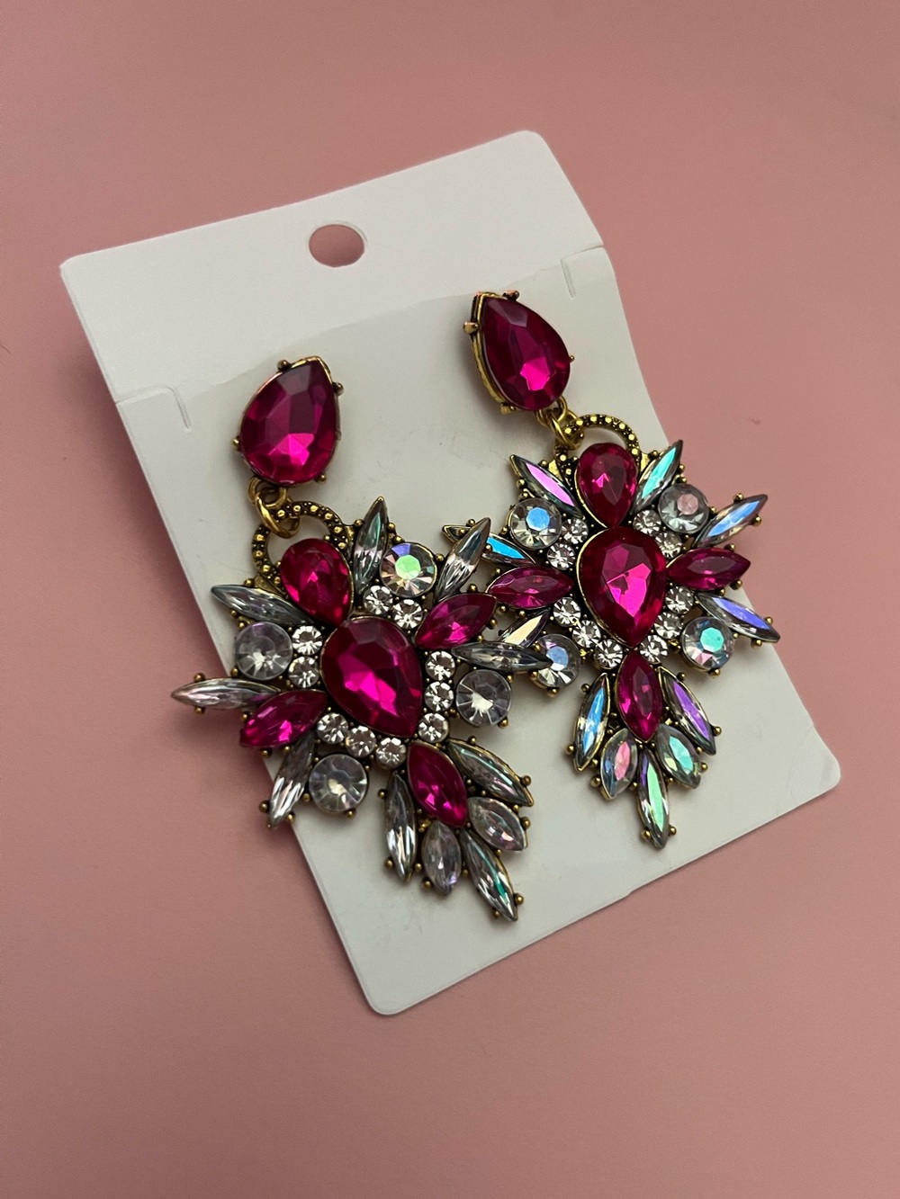 Hot Pink Rhinestone Statement Drop Earrings | Gold Tone